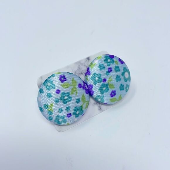 Blue Floral Fabric Button Studs Post Earrings - Picture 2 of 6